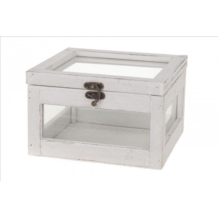 CAJA MADERA Y CRISTAL CON TAPA 19x19x12cm BLANCA