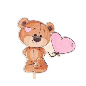 PICK OSO CORAZON ROSA 7x6,8cm +50cm palo 25uni