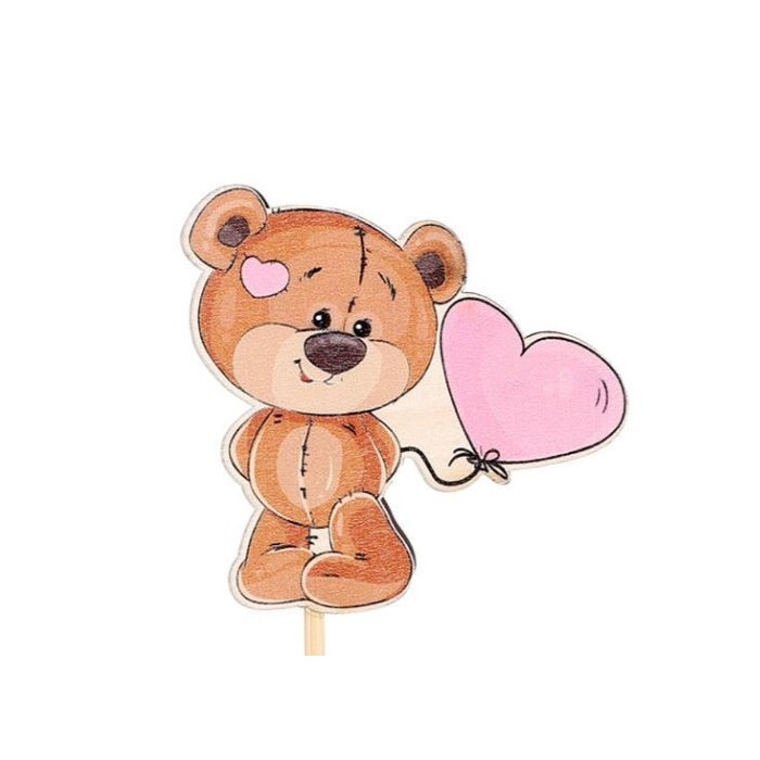 PICK OSO CORAZON ROSA 7x6,8cm +50cm palo 25uni